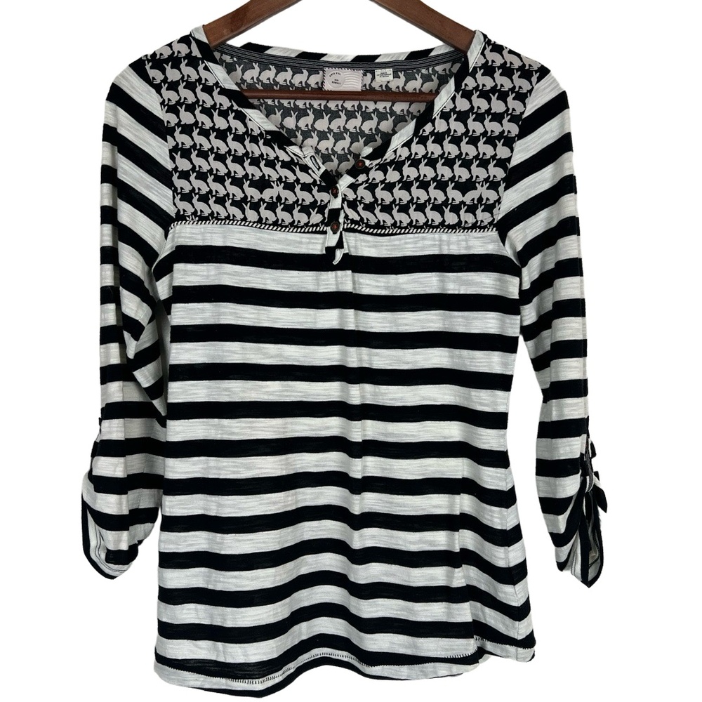 Anthropologie Womens XS Black‎ White Rabbit Striped Henley Roll Tab Shirt Artsy